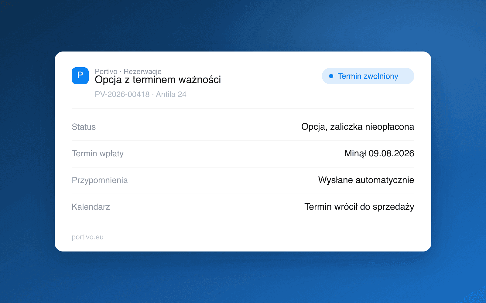 Panel rezerwacji w Portivo z opcją, której minął termin wpłaty zaliczki, i terminem zwolnionym z powrotem do sprzedaży