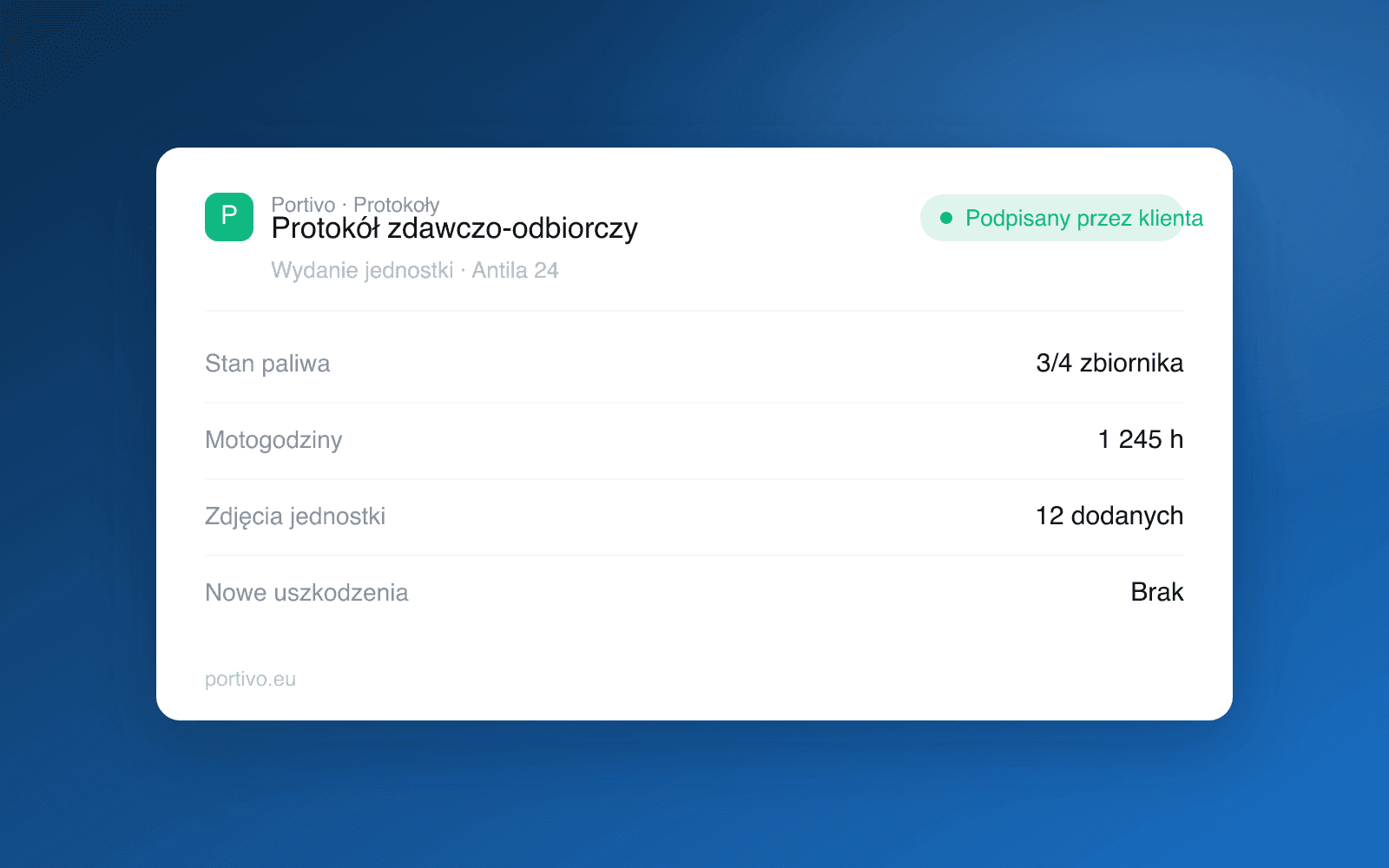 Cyfrowy protokół zdawczo-odbiorczy w panelu Portivo ze stanem paliwa, motogodzinami i zdjęciami jednostki