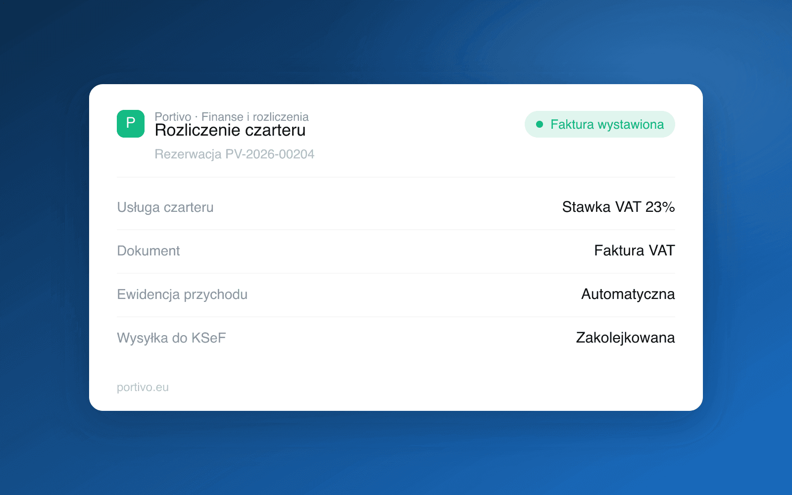 Mockup rozliczenia czarteru w Portivo z pozycją usługi, stawką VAT i statusem wysyłki faktury do KSeF