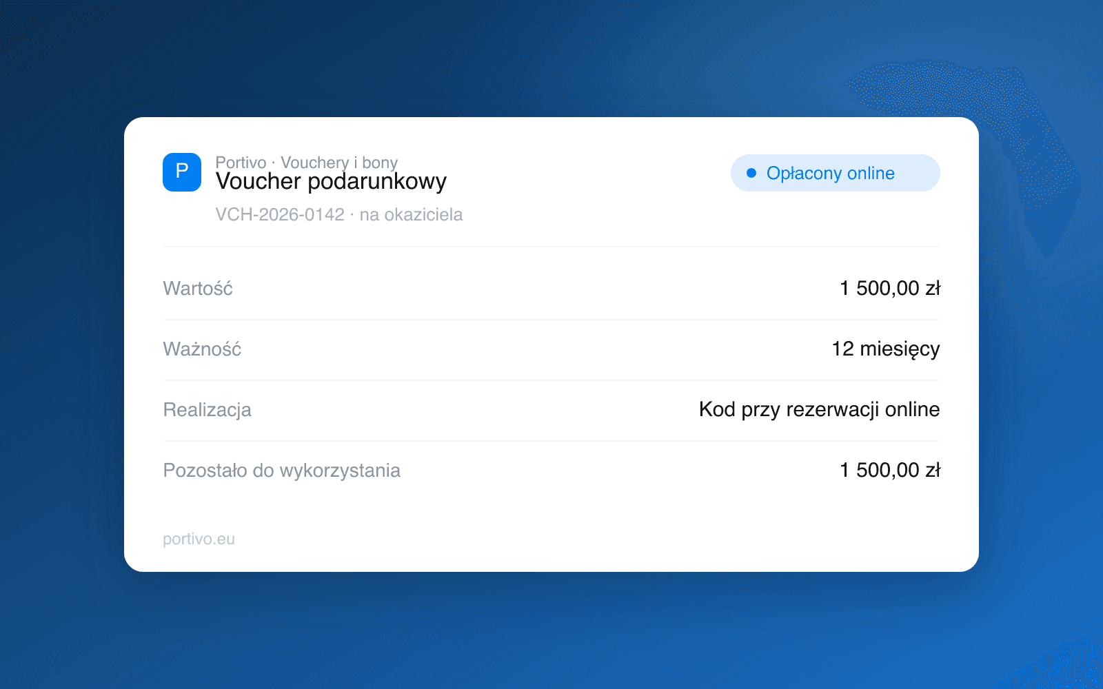 Karta vouchera podarunkowego w Portivo: wartość 1500 zł, ważność 12 miesięcy, realizacja kodem przy rezerwacji online
