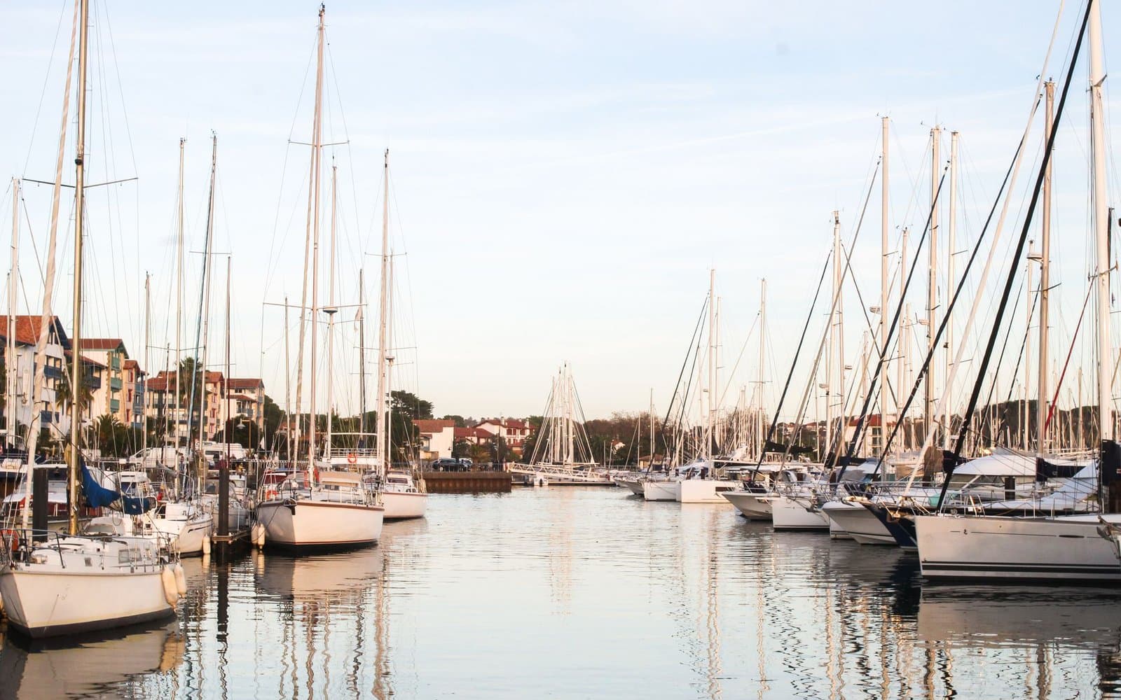 Rzędy jachtów żaglowych zacumowanych przy pomostach mariny, widok wzdłuż basenu portowego