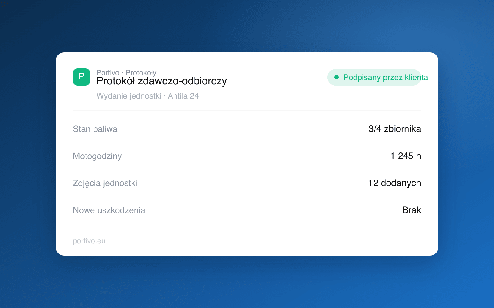 Karta protokołu zdawczo-odbiorczego w Portivo: stan paliwa, motogodziny, zdjęcia jednostki i status podpisu klienta
