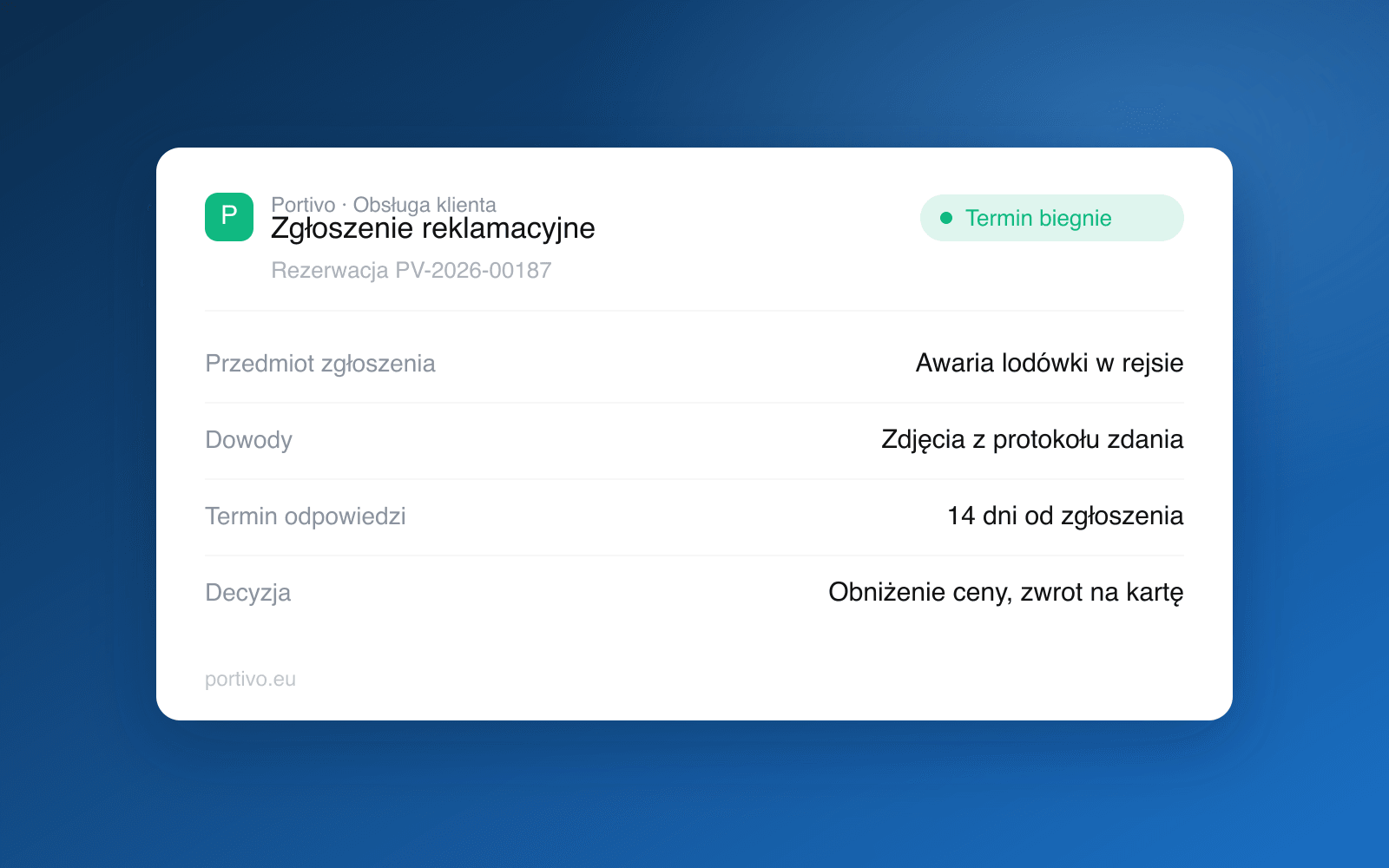 Zgłoszenie reklamacyjne w Portivo: przedmiot zgłoszenia, dowody z protokołu zdania, biegnący termin odpowiedzi i decyzja