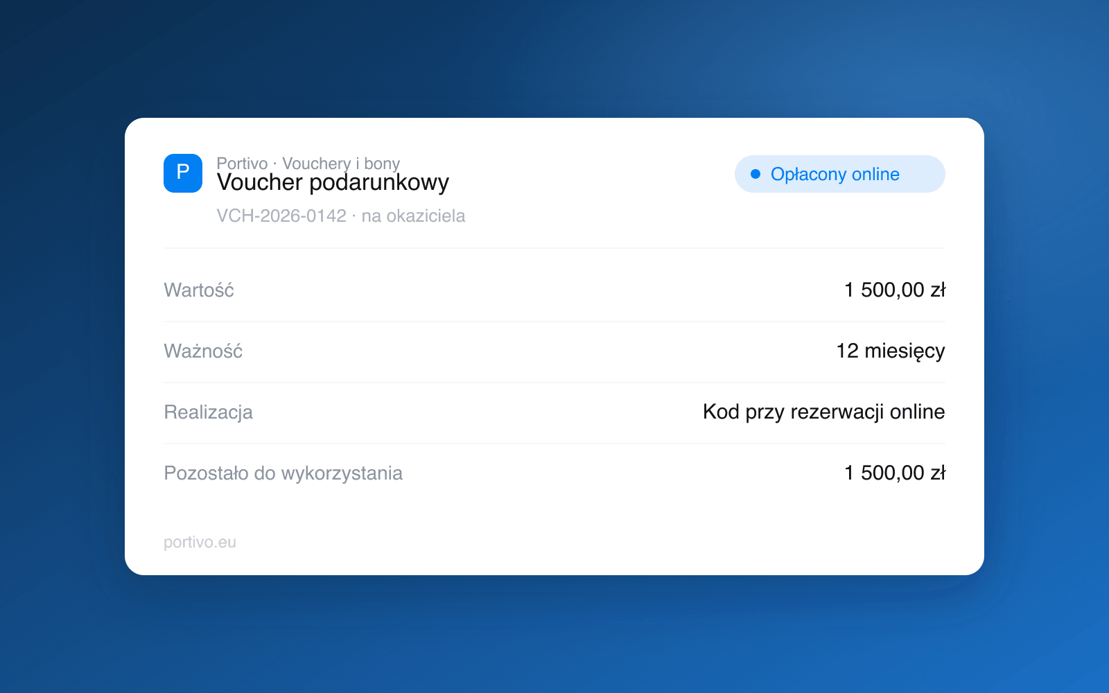 Voucher podarunkowy w systemie Portivo: wartość, ważność 12 miesięcy, kod do realizacji przy rezerwacji online i saldo pozostałe do wykorzystania